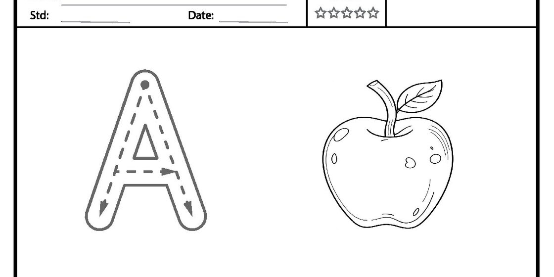 A worksheet page featuring a large, dashed outline of the letter 'A' with directional arrows for tracing, placed next to a simple line drawing of an apple with a leaf and stem.