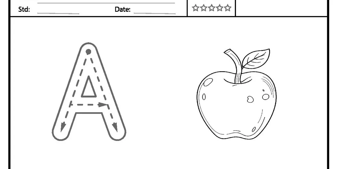 Letter A Tracing and Apple Illustration A worksheet page featuring a large, dashed outline of the letter 'A' with directional arrows for tracing, placed next to a simple line drawing of an apple with a leaf and stem.