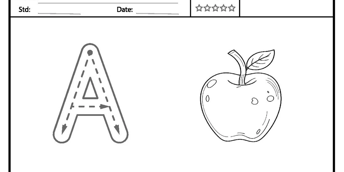 Letter A Tracing and Apple Illustration A worksheet page featuring a large, dashed outline of the letter 'A' with directional arrows for tracing, placed next to a simple line drawing of an apple with a leaf and stem.
