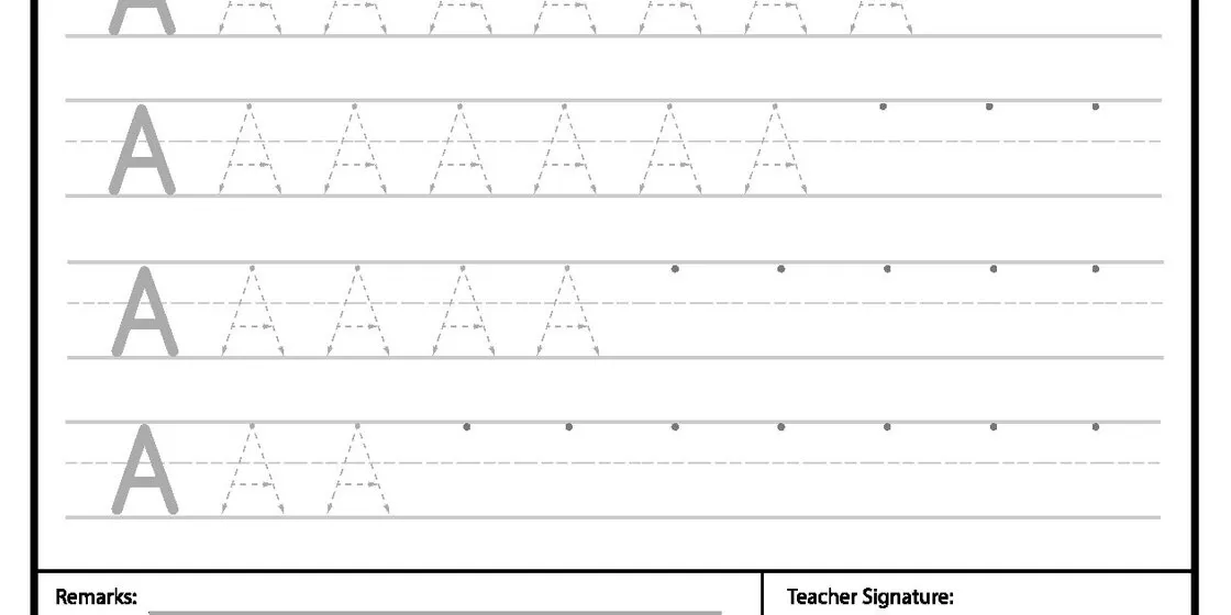 Letter A Tracing Worksheet A worksheet page with multiple rows of the letter 'A' for tracing practice, including dotted lines and directional arrows.