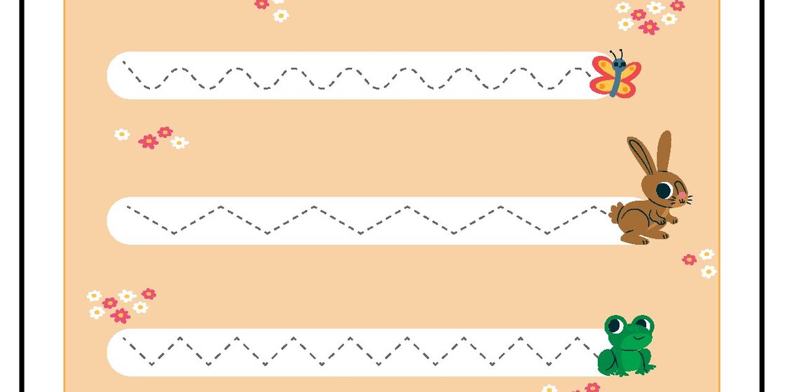 A worksheet with three dotted lines for tracing practice, each leading to a different animal: a butterfly, a rabbit, and a frog. Small flowers are scattered around the page.