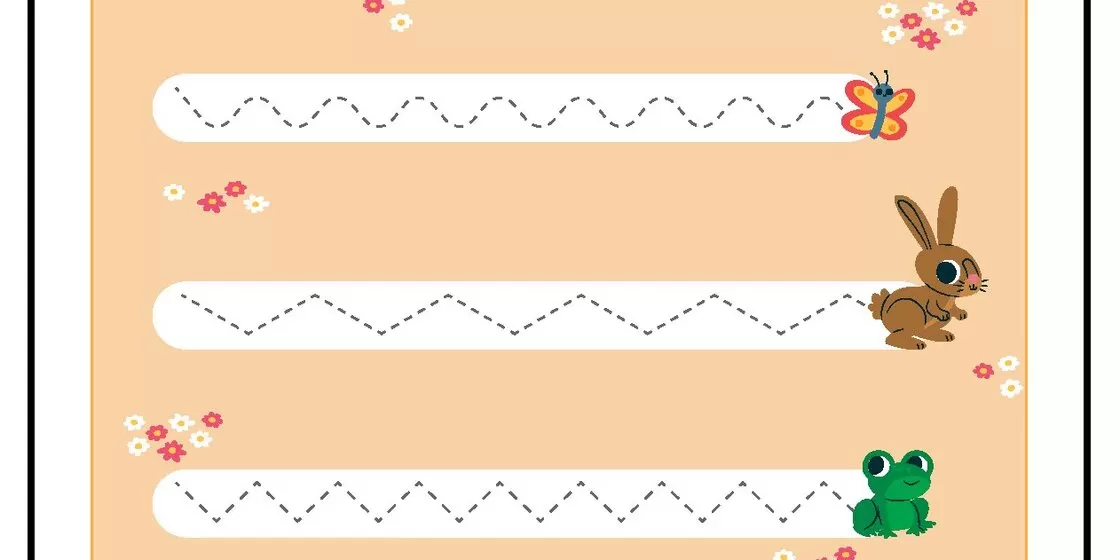 Animal Tracing Lines Worksheet A worksheet with three dotted lines for tracing practice, each leading to a different animal: a butterfly, a rabbit, and a frog. Small flowers are scattered around the page.