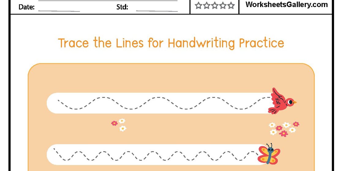 A worksheet with the title 'Trace the Lines for Handwriting Practice' featuring two dotted lines for tracing, one above a red bird and the other above a butterfly, with small flowers scatter