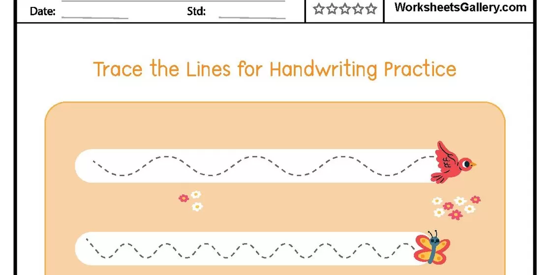 Handwriting Practice Worksheet A worksheet with the title 'Trace the Lines for Handwriting Practice' featuring two dotted lines for tracing, one above a red bird and the other above a butterfly, with small flowers scatter