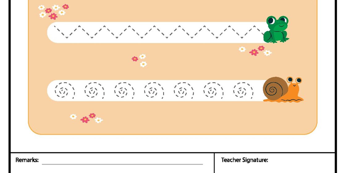 A worksheet with two dotted lines for tracing practice, one zig-zag line leading to a frog and another spiral line leading to a snail. Small flowers are scattered on the page.