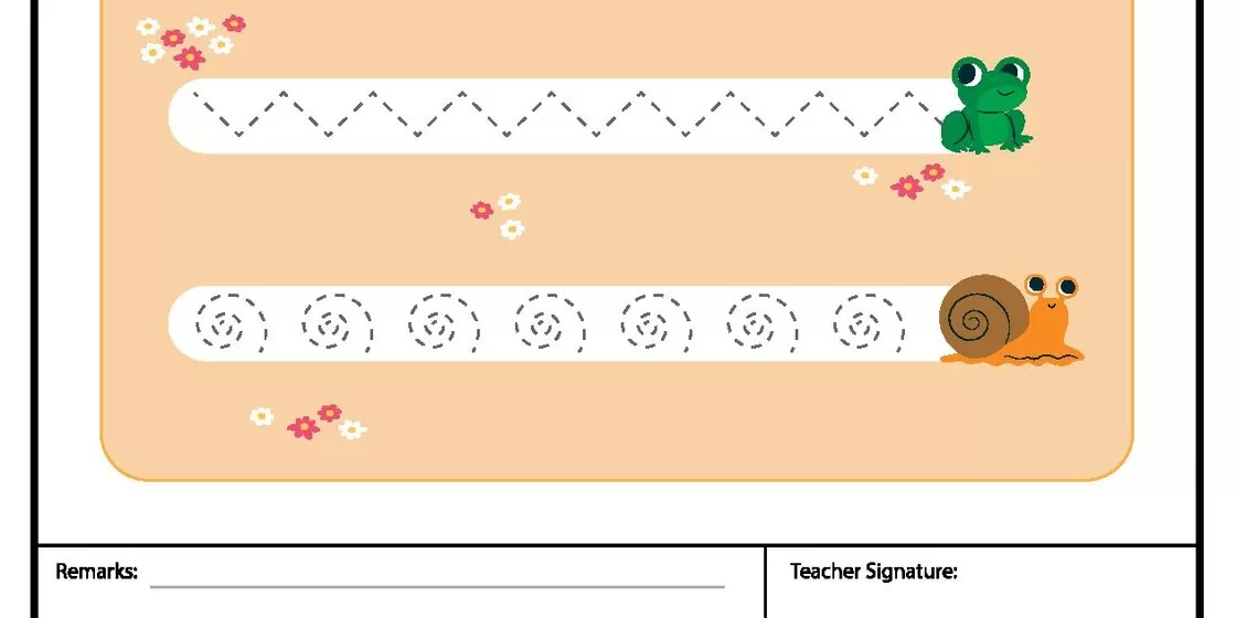 Animal Tracing Lines Worksheet A worksheet with two dotted lines for tracing practice, one zig-zag line leading to a frog and another spiral line leading to a snail. Small flowers are scattered on the page.