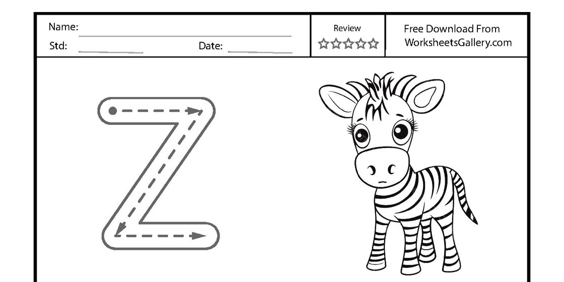 A black and white educational worksheet for Letter Z tracing, showing a large guide letter with directional arrows and five rows of practice letters next to a cartoon zebra. close-up