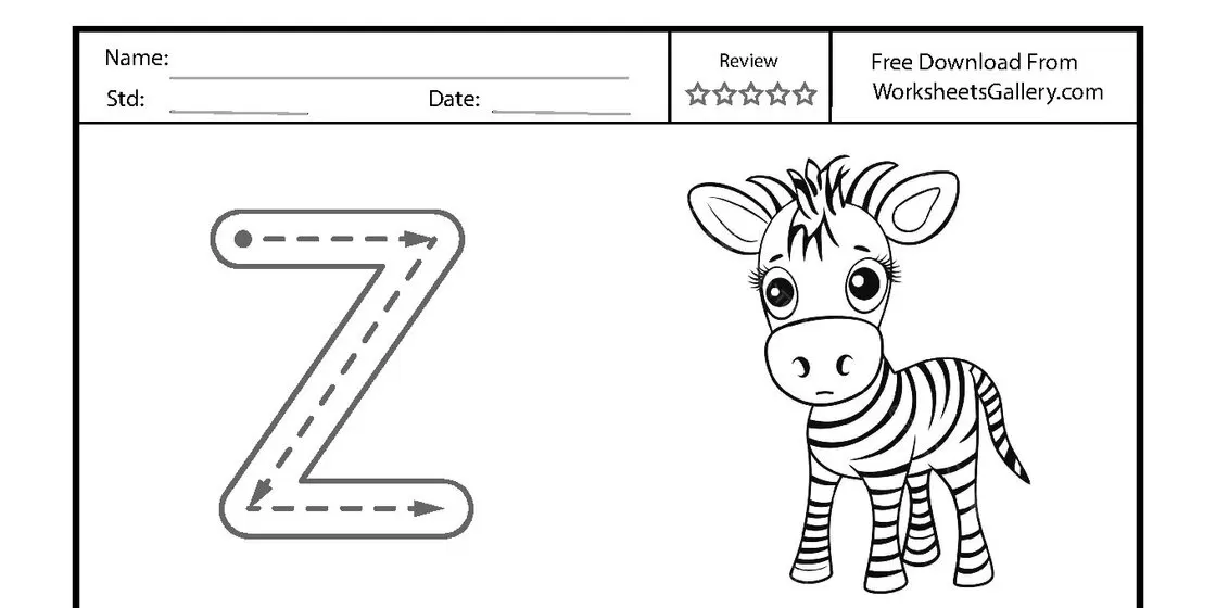 A black and white educational worksheet for Letter Z tracing, showing a large guide letter with directional arrows and five rows of practice letters next to a cartoon zebra. close-up