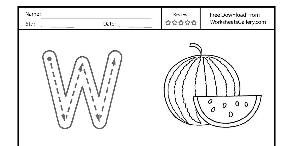 A handwriting worksheet showing an uppercase Letter W with tracing arrows next to a drawing of a whole watermelon and a slice. close-up