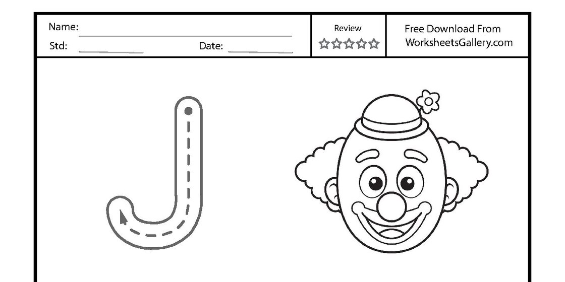 A printable worksheet showing a large letter J with dashed lines and an arrow next to a cartoon clown face, followed by rows of practice letters. close-up