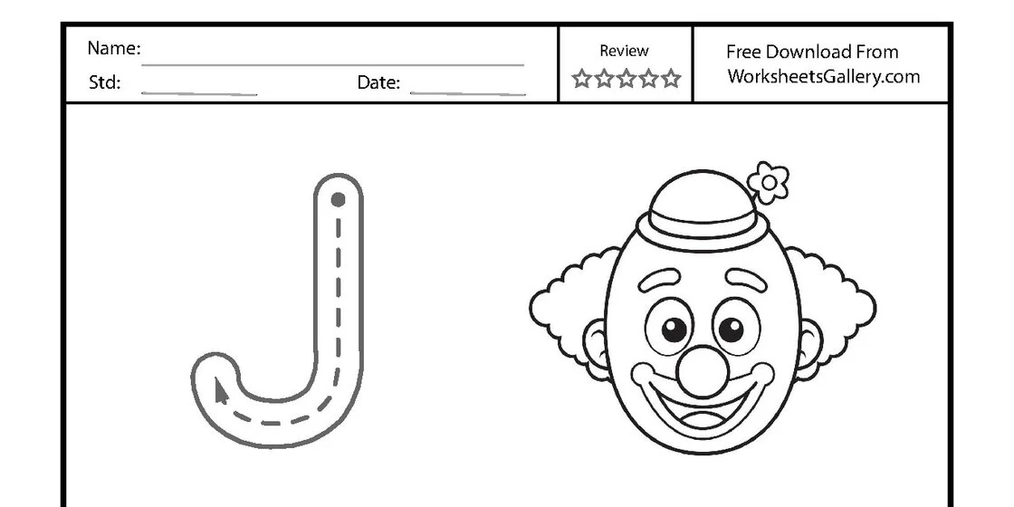 A printable worksheet showing a large letter J with dashed lines and an arrow next to a cartoon clown face, followed by rows of practice letters. close-up