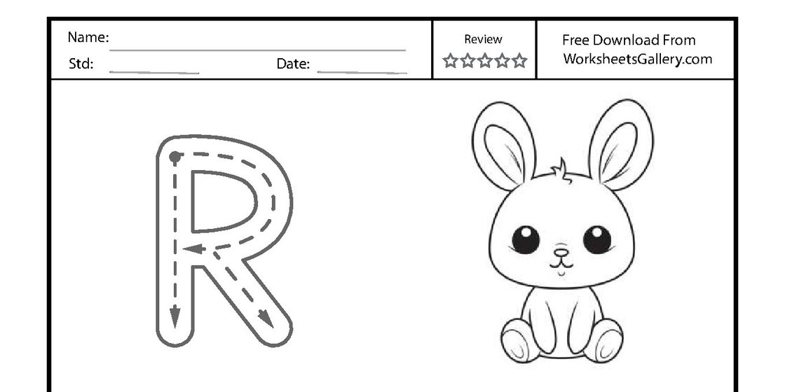 Handwriting worksheet for the uppercase letter R featuring a large tracing guide with arrows and a cute bunny illustration. close-up