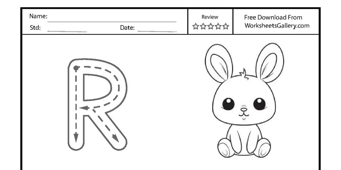 Handwriting worksheet for the uppercase letter R featuring a large tracing guide with arrows and a cute bunny illustration. close-up