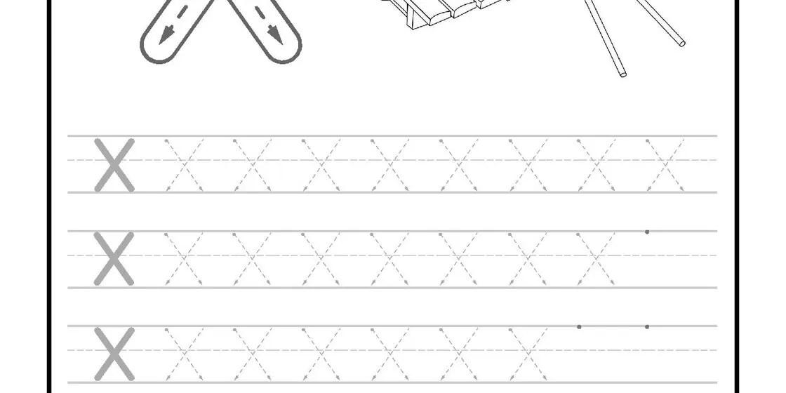 A printable educational worksheet for tracing the uppercase Letter X featuring directional arrows and a xylophone graphic. close-up