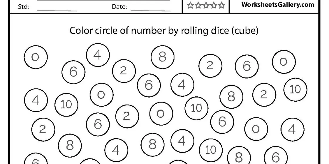 Number Circles Worksheet A worksheet with many circles containing numbers from 0 to 10, with the instruction 'Color circle of number by rolling dice (cube)'.
