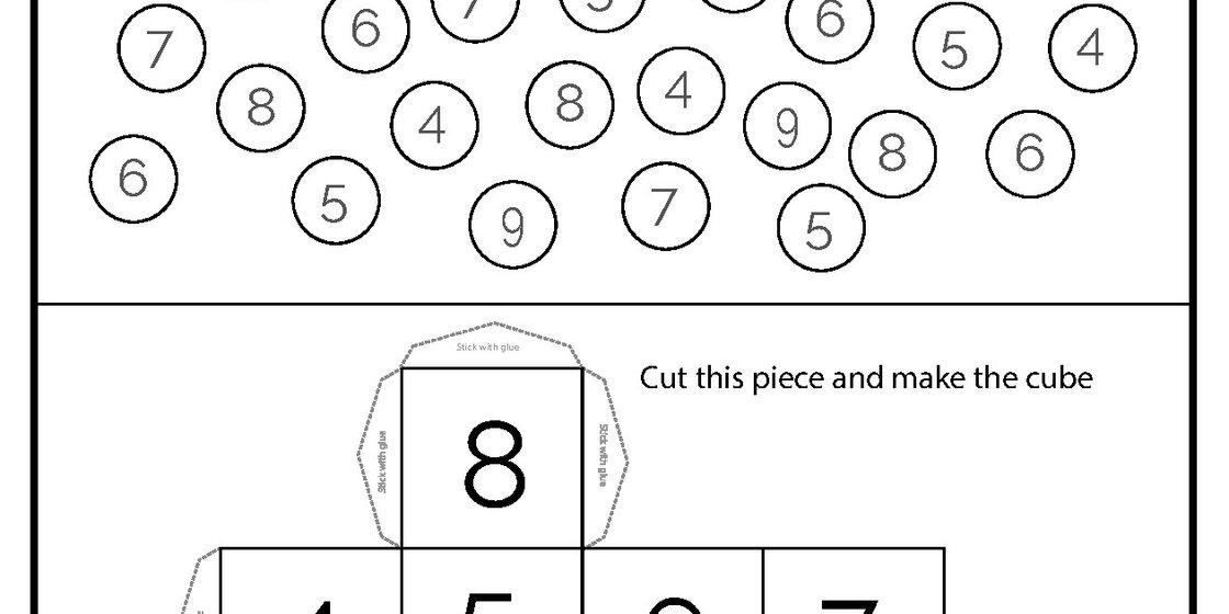 A worksheet displays multiple circles containing numbers and a net for a cube with the number 8 on one face, along with instructions to cut and assemble.