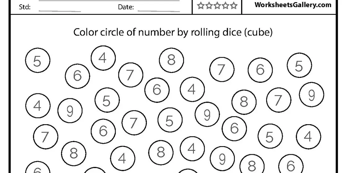 Number Circles Dice Activity A worksheet displays numerous circles containing numbers from 4 to 9, with the instruction 'Color circle of number by rolling dice (cube)'.