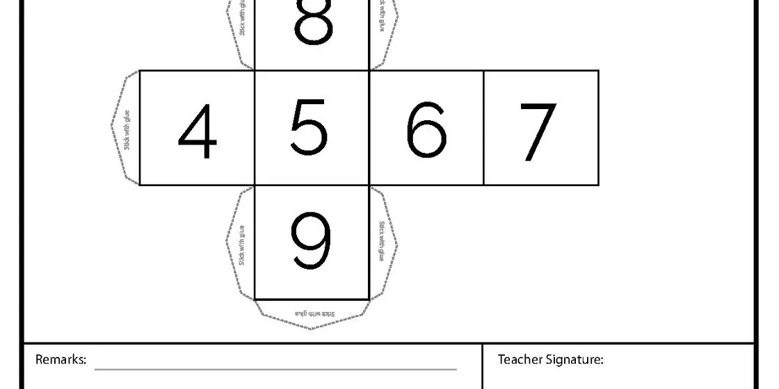 Number Dice Net Activity A printable worksheet displays a net for a six-sided die with numbers 4, 5, 6, 7, 8, and 9 on its faces, along with dashed lines for cutting and folding, and text indicating 'Stick with glue