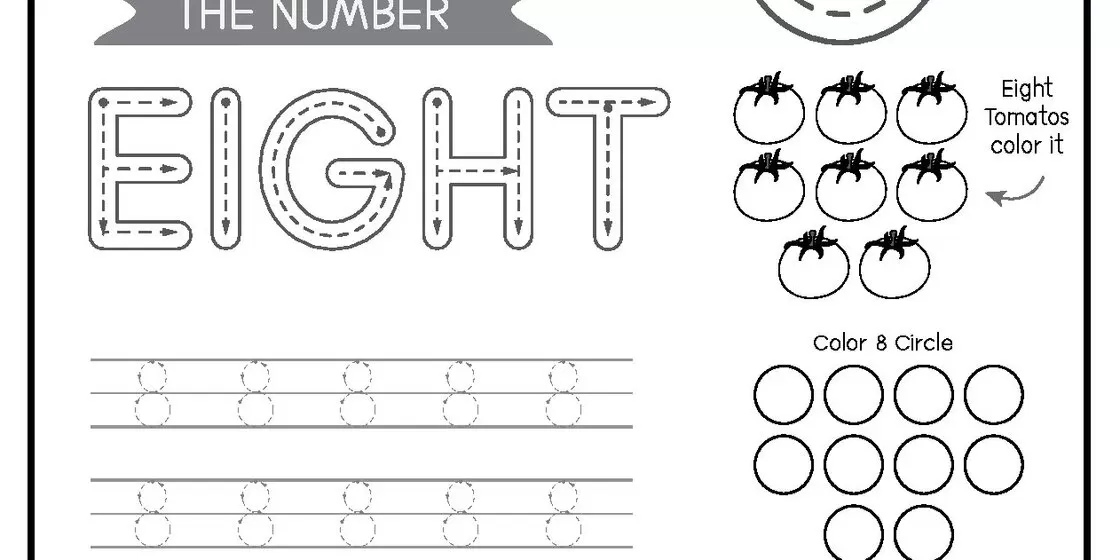 Number Eight Tracing Worksheet A worksheet for children learning the number eight, featuring the word 'EIGHT' in dotted letters for tracing, rows of dotted number eights, eight tomatoes to color, and a set of circles to c