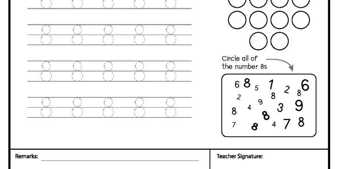 Number 8 Tracing and Identification Worksheet A worksheet for children learning the number 8, featuring rows of dotted 8s for tracing practice and a section with various numbers to circle the 8s.