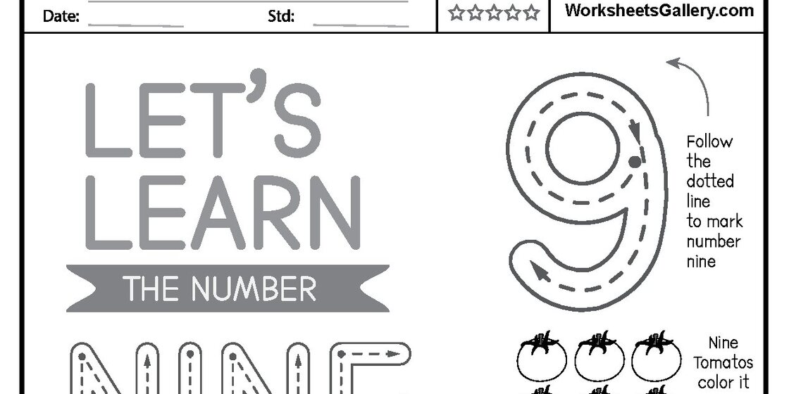 A worksheet designed for children to learn the number nine, featuring large gray text 'LET'S LEARN THE NUMBER NINE', a dotted outline of the numeral 9 with tracing arrows, and illustrations
