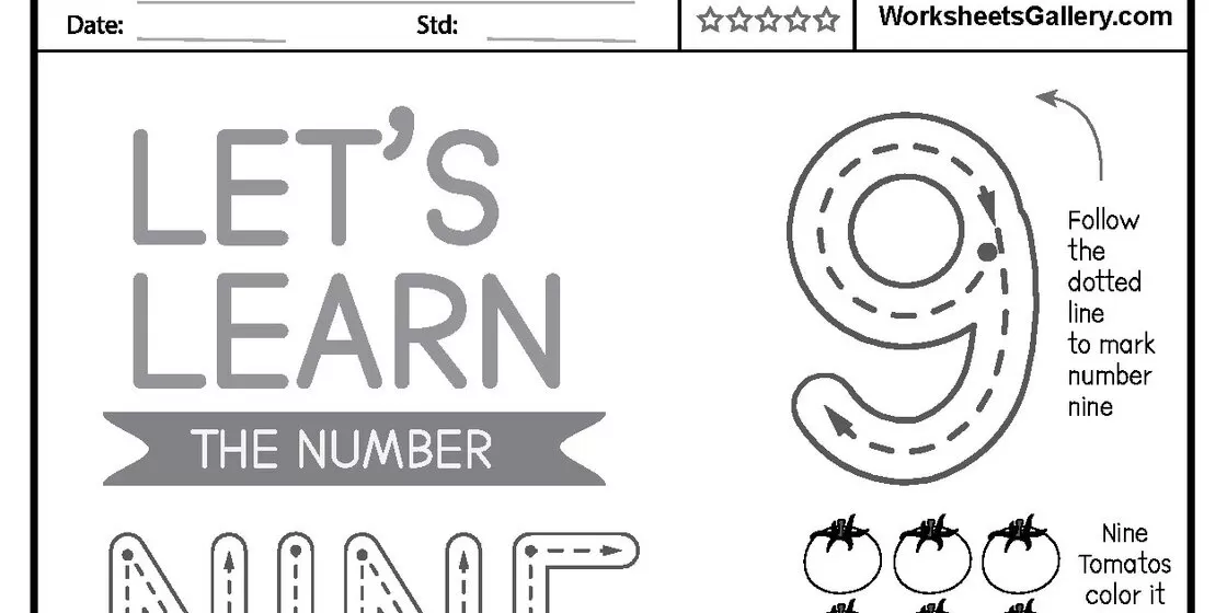 Number Nine Tracing Worksheet A worksheet designed for children to learn the number nine, featuring large gray text 'LET'S LEARN THE NUMBER NINE', a dotted outline of the numeral 9 with tracing arrows, and illustrations