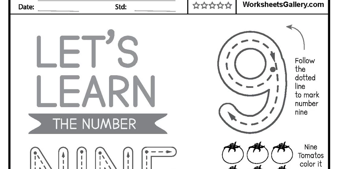 Number Nine Tracing Worksheet A worksheet designed for children to learn the number nine, featuring large gray text 'LET'S LEARN THE NUMBER NINE', a dotted outline of the numeral 9 with tracing arrows, and illustrations