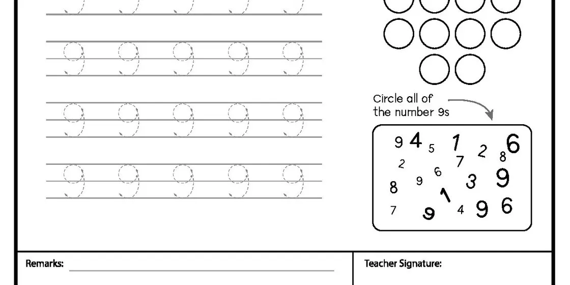 Number 9 Tracing and Identification Worksheet A worksheet for children learning the number nine, featuring rows of dashed number 9s for tracing practice and a box with various numbers where they need to circle all the 9s.