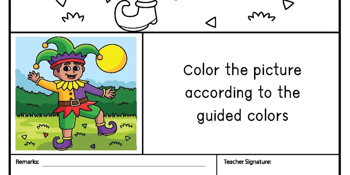 Jester Coloring Page A cartoon jester with a purple and green hat, a split yellow and purple tunic, green pants, and purple shoes, stands in a grassy field with a yellow ball in the sky.