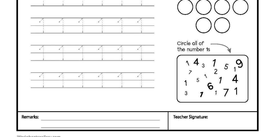 A black and white educational worksheet titled 'LET'S LEARN THE NUMBER ONE' with guided tracing lines, a tomato to color, circles to count, and a grid for identifying the number 1s. close-up