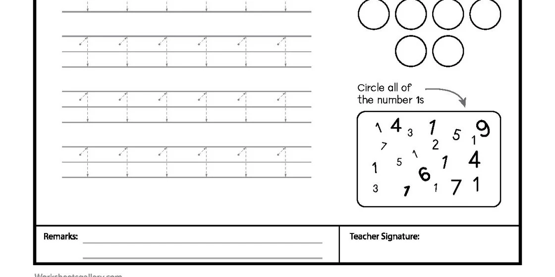 A black and white educational worksheet titled 'LET'S LEARN THE NUMBER ONE' with guided tracing lines, a tomato to color, circles to count, and a grid for identifying the number 1s. close-up
