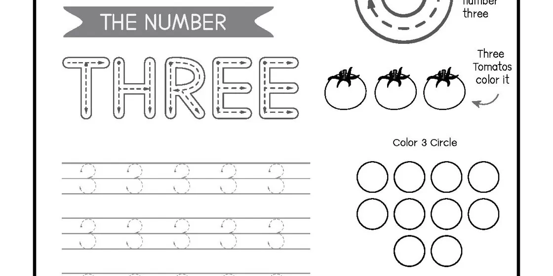 A black and white educational worksheet for number three featuring a large guided digit, tomato counting section, tracing rows, and a number search box. close-up