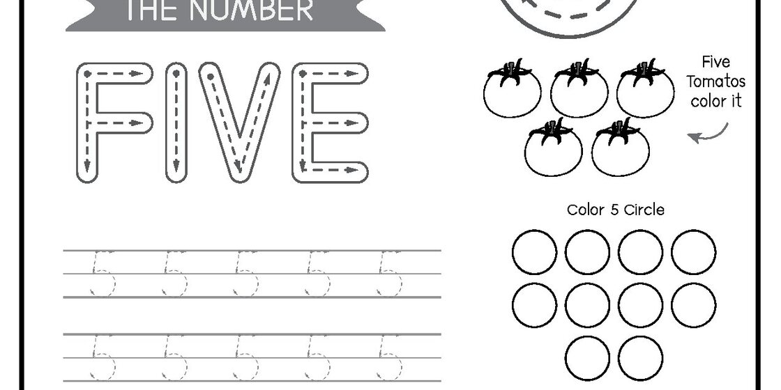 A black and white educational worksheet for learning the number five, featuring tracing guides for the word 'FIVE' and the numeral '5', five tomatoes to color, and circles to count.