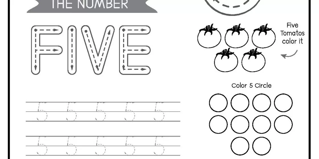 Number Five Tracing and Counting Worksheet A black and white educational worksheet for learning the number five, featuring tracing guides for the word 'FIVE' and the numeral '5', five tomatoes to color, and circles to count.