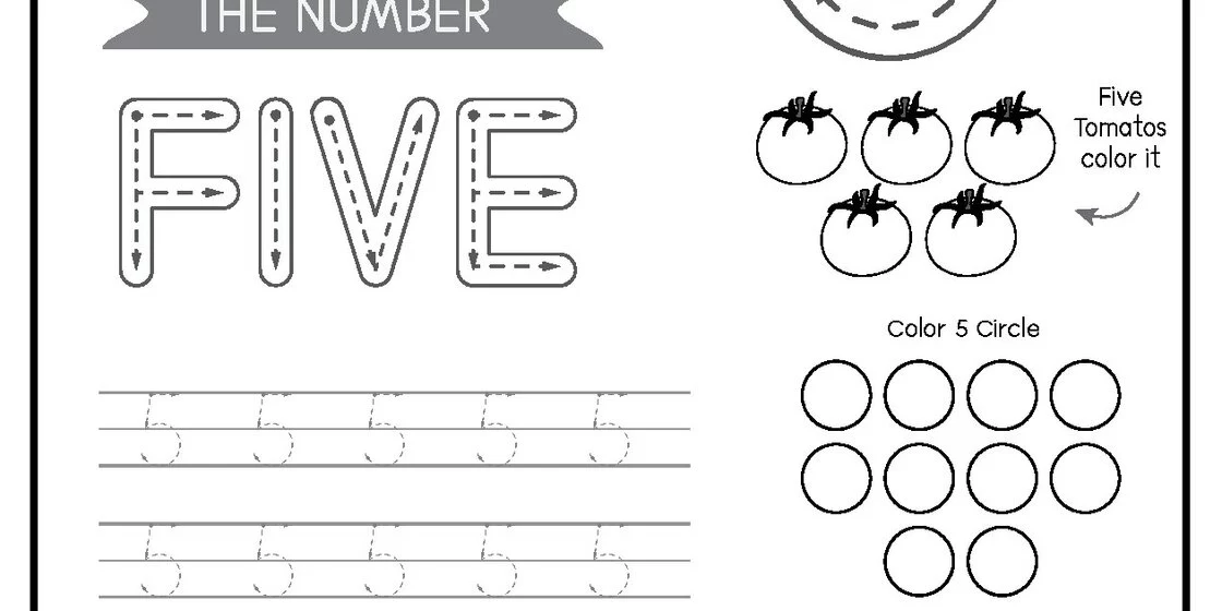 Number Five Tracing and Counting Worksheet A black and white educational worksheet for learning the number five, featuring tracing guides for the word 'FIVE' and the numeral '5', five tomatoes to color, and circles to count.
