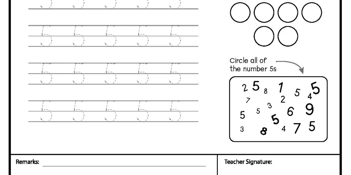 Number 5 Tracing and Identification Worksheet A black and white educational worksheet for young children, featuring multiple rows of dotted number 5s for tracing practice on the left, and a number identification activity on the right. T