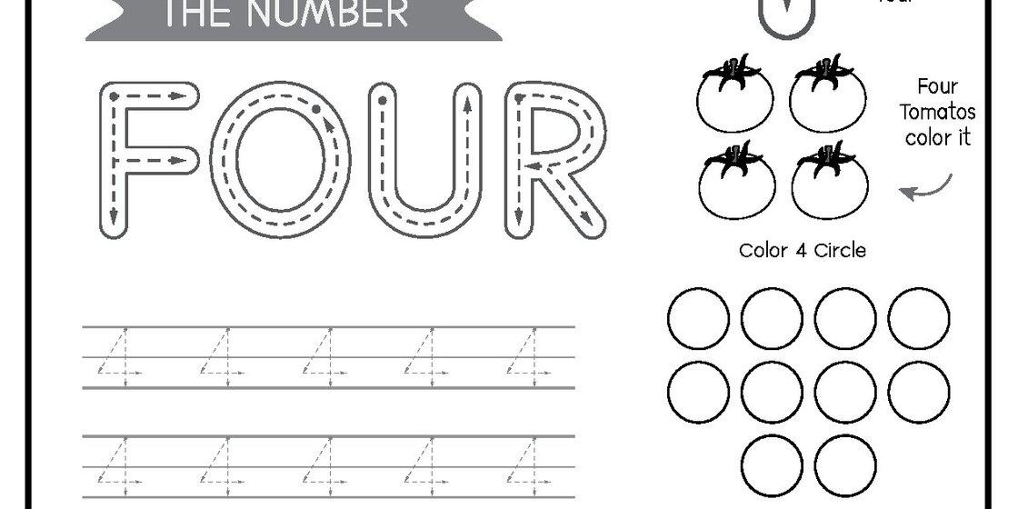 A monochrome educational printable for children showcasing the word FOUR in large block letters with internal dashed lines and directional arrows for tracing, positioned above two rows of da