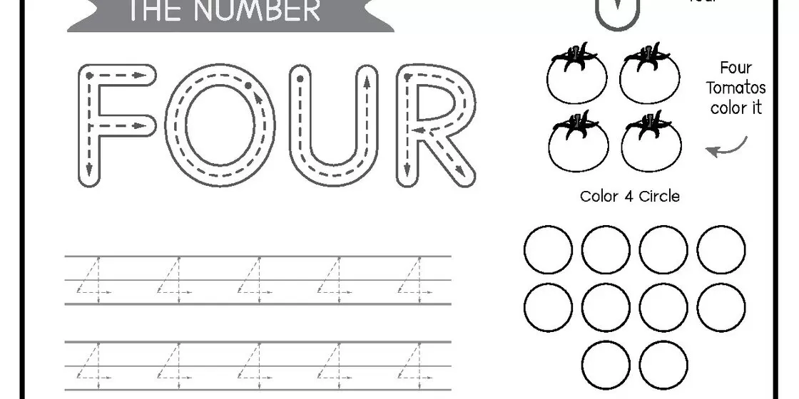Alphabet Word Four and Tomato Counting Activity A monochrome educational printable for children showcasing the word FOUR in large block letters with internal dashed lines and directional arrows for tracing, positioned above two rows of da