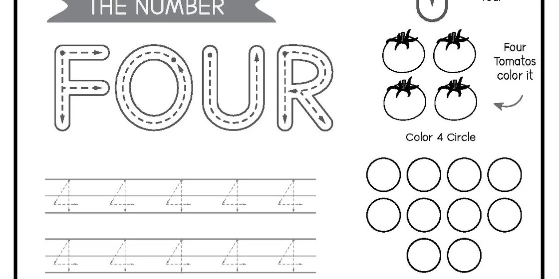 Alphabet Word Four and Tomato Counting Activity A monochrome educational printable for children showcasing the word FOUR in large block letters with internal dashed lines and directional arrows for tracing, positioned above two rows of da