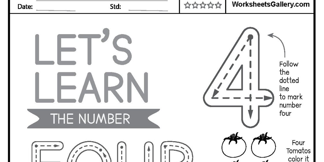 A preschool worksheet for number four featuring guided tracing rows, four tomatoes to color, and a number identification grid. close-up detail 2