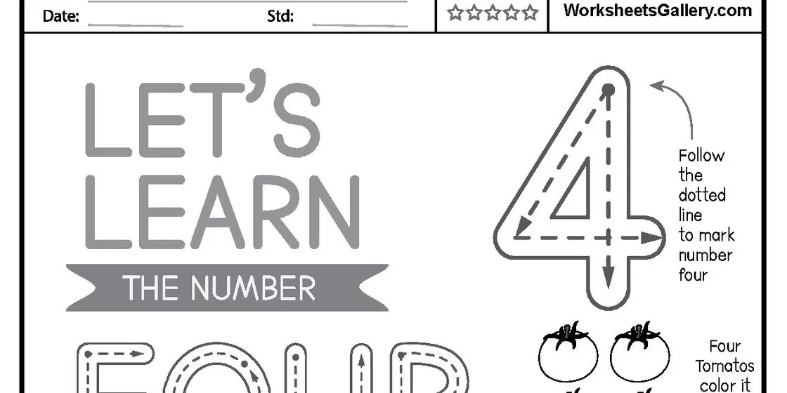 Number Four Tracing and Counting Activity Page close-up 2 A preschool worksheet for number four featuring guided tracing rows, four tomatoes to color, and a number identification grid. close-up detail 2