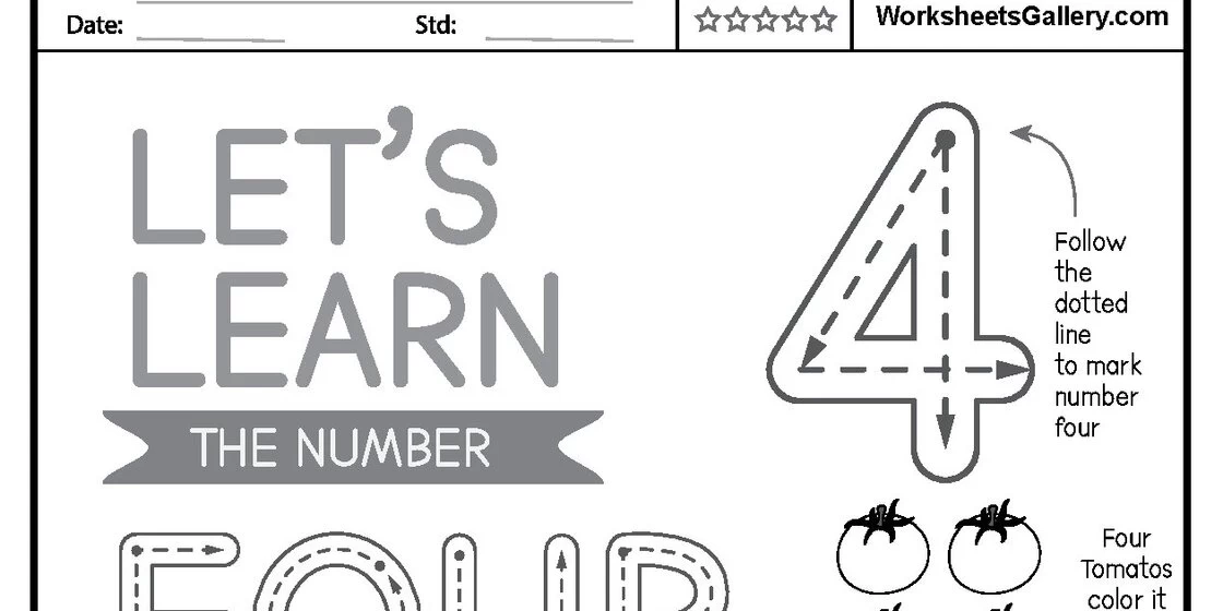 Number Four Tracing and Counting Activity Page close-up 2 A preschool worksheet for number four featuring guided tracing rows, four tomatoes to color, and a number identification grid. close-up detail 2