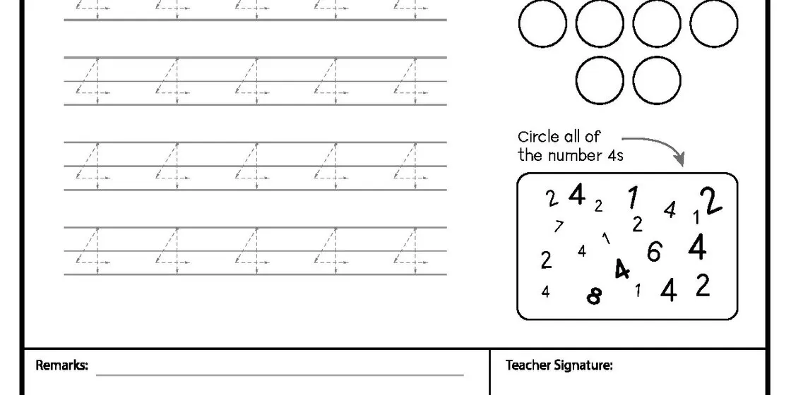 Number Four Tracing and Recognition Practice Worksheet A printable math worksheet showing four rows of the number four for tracing practice alongside a number search box containing mixed digits.