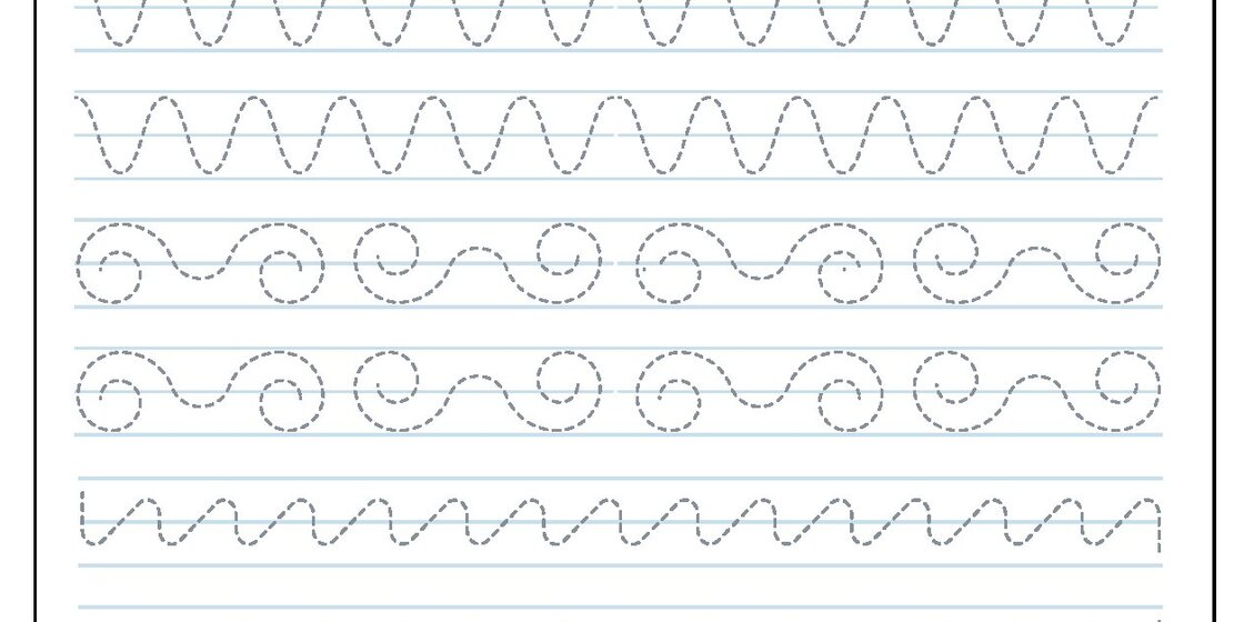 A worksheet with five rows of dotted lines on a lined paper background, featuring various patterns for tracing practice, including wavy lines, zig-zags, and swirls.
