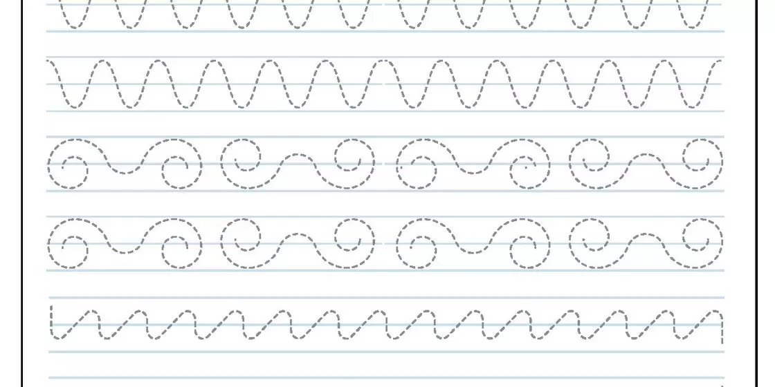Dotted Line Tracing Worksheet A worksheet with five rows of dotted lines on a lined paper background, featuring various patterns for tracing practice, including wavy lines, zig-zags, and swirls.