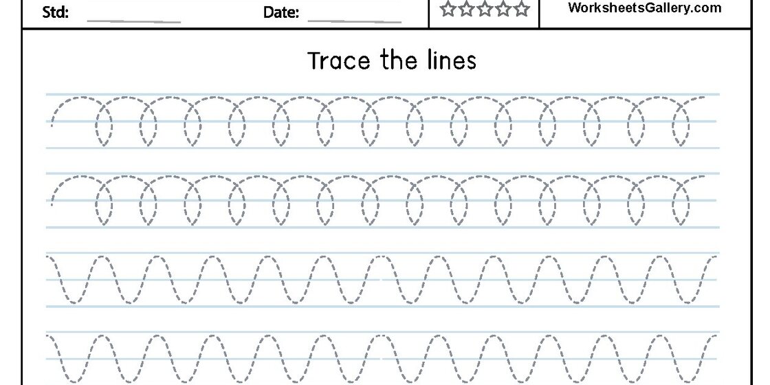 A worksheet with four rows of dotted lines on a lined paper background, featuring wavy and looped patterns for tracing practice.