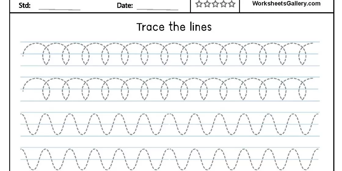 Tracing Lines Worksheet A worksheet with four rows of dotted lines on a lined paper background, featuring wavy and looped patterns for tracing practice.