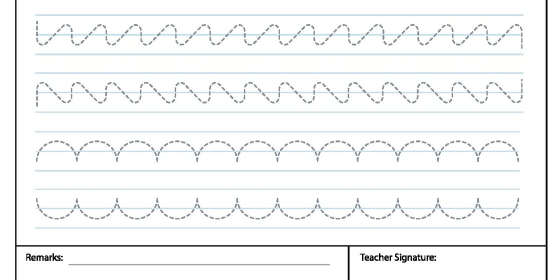 A worksheet on lined paper showing four rows of dashed lines for tracing practice: two rows of zig-zag patterns and two rows of curved, scalloped patterns.