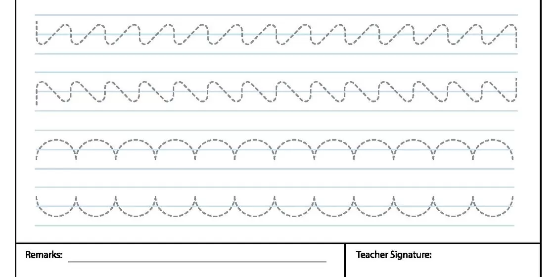 Handwriting Practice Lines Worksheet A worksheet on lined paper showing four rows of dashed lines for tracing practice: two rows of zig-zag patterns and two rows of curved, scalloped patterns.