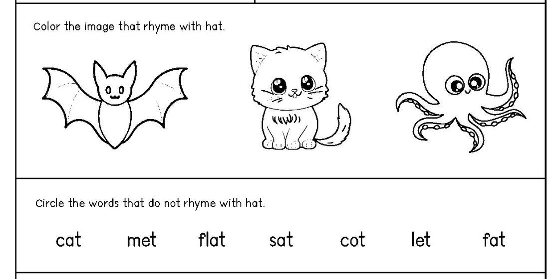 A worksheet with three images: a bat, a cat, and an octopus. Below the images are words: cat, met, flat, sat, cot, let, fat.